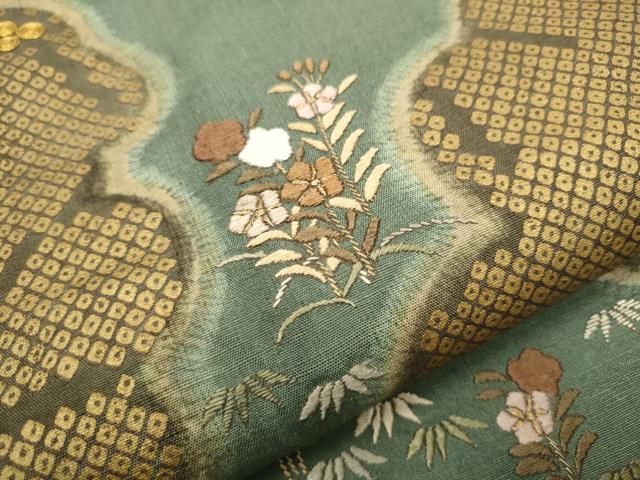 平和屋着物●太鼓柄袋帯 紬地 駒刺繍 草花文 正絹 逸品 CAAU9550hy