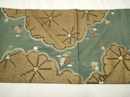 平和屋着物●太鼓柄袋帯 紬地 駒刺繍 草花文 正絹 逸品 CAAU9550hy