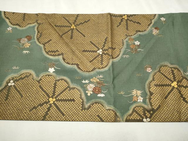 平和屋着物●太鼓柄袋帯 紬地 駒刺繍 草花文 正絹 逸品 CAAU9550hy