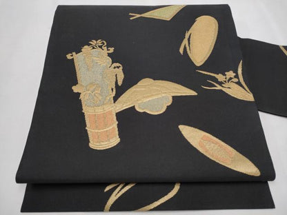 平和屋着物●西陣 川島織物 九寸名古屋帯 器物文 黒地 金糸 正絹 逸品 CAAU9571hy