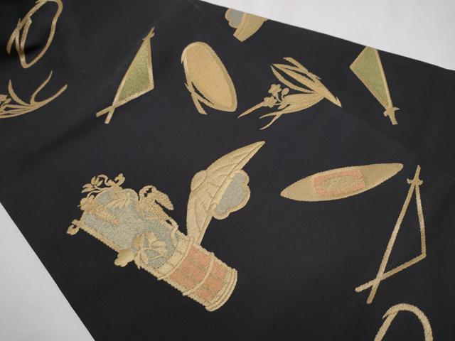 平和屋着物●西陣 川島織物 九寸名古屋帯 器物文 黒地 金糸 正絹 逸品 CAAU9571hy