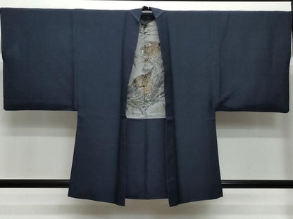 平和屋着物●男性　紬　アンサンブル　濃紺色　正絹　逸品　CAAU9657vf