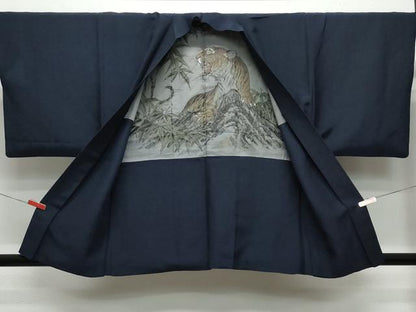 平和屋着物●男性　紬　アンサンブル　濃紺色　正絹　逸品　CAAU9657vf