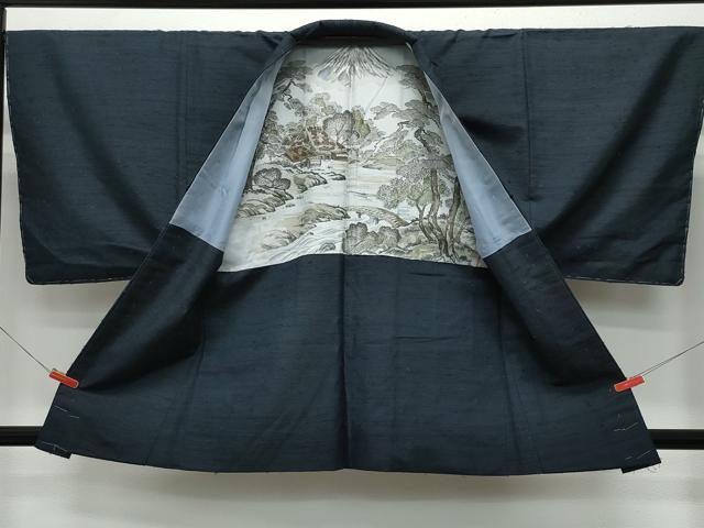 平和屋着物●男性 紬 髭紬・羽織セット 藍鉄色 正絹 逸品 CAAU9667vf