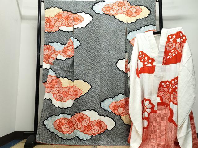 平和屋着物●豪華振袖・長襦袢セット　総絞り　雲取り舞花文　黒地　正絹　逸品　CAAU9751vf
