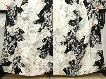 平和屋着物●創業460年・千總　振袖　冊子枝花文　黒地　金彩　正絹　逸品　CAAU9757vf