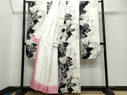 平和屋着物●創業460年・千總　振袖　冊子枝花文　黒地　金彩　正絹　逸品　CAAU9757vf