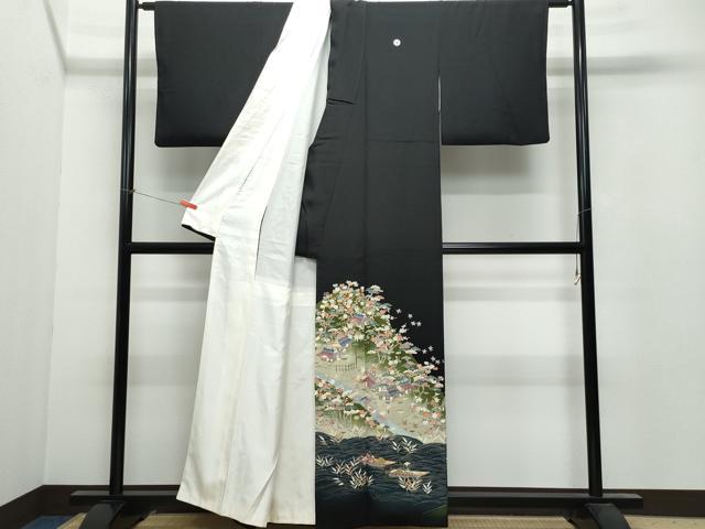 平和屋着物●本加賀友禅作家　柿本市郎　黒留袖　風景千鳥人物草花文　正絹　逸品　CAAU9914vf