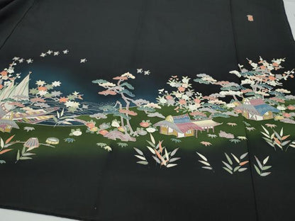 平和屋着物●本加賀友禅作家　柿本市郎　黒留袖　風景千鳥人物草花文　正絹　逸品　CAAU9914vf