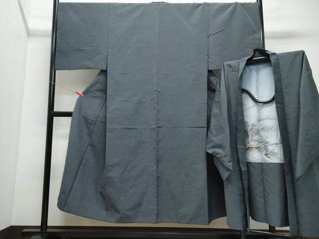 平和屋着物●男性　紬　アンサンブル　消炭色　正絹　逸品　CABE8409vfm