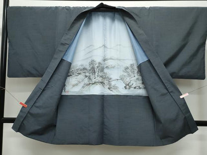 平和屋着物●男性　紬　アンサンブル　消炭色　正絹　逸品　CABE8409vfm
