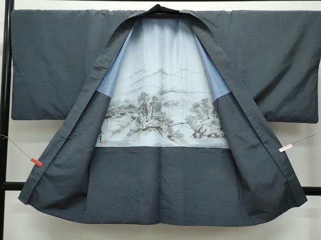 平和屋着物●男性　紬　アンサンブル　消炭色　正絹　逸品　CABE8409vfm