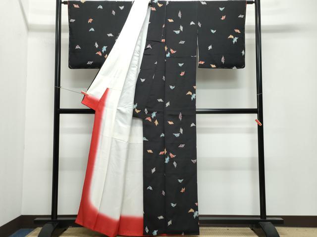 平和屋着物●上質な小紋 型染め 飛鳥文 黒地 鬼しぼ縮緬 正絹 逸品 CAAU9961vf