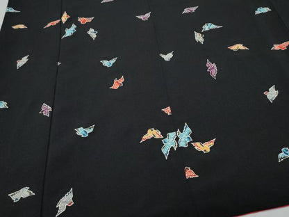 平和屋着物●上質な小紋 型染め 飛鳥文 黒地 鬼しぼ縮緬 正絹 逸品 CAAU9961vf