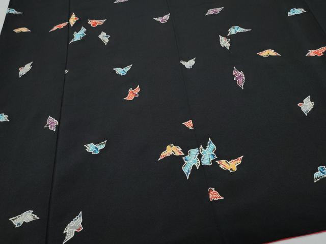 平和屋着物●上質な小紋 型染め 飛鳥文 黒地 鬼しぼ縮緬 正絹 逸品 CAAU9961vf