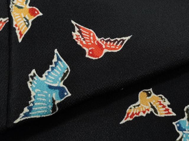 平和屋着物●上質な小紋 型染め 飛鳥文 黒地 鬼しぼ縮緬 正絹 逸品 CAAU9961vf