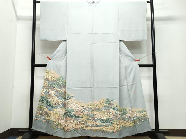 平和屋着物●訪問着 友禅 作家物 風景渡り橋草花文 正絹 逸品 CAAU9963vf