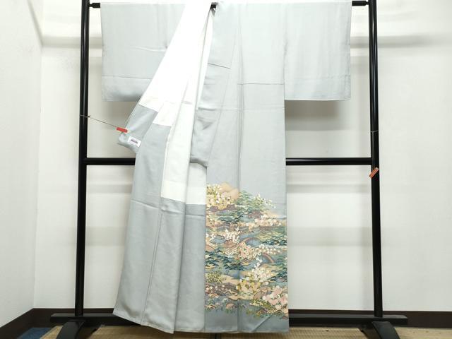 平和屋着物●訪問着 友禅 作家物 風景渡り橋草花文 正絹 逸品 CAAU9963vf