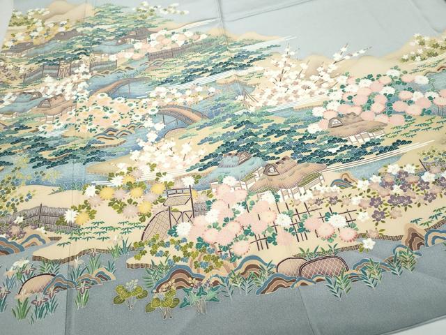 平和屋着物●訪問着 友禅 作家物 風景渡り橋草花文 正絹 逸品 CAAU9963vf