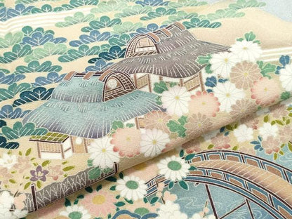 平和屋着物●訪問着 友禅 作家物 風景渡り橋草花文 正絹 逸品 CAAU9963vf
