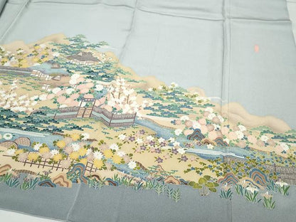 平和屋着物●訪問着 友禅 作家物 風景渡り橋草花文 正絹 逸品 CAAU9963vf