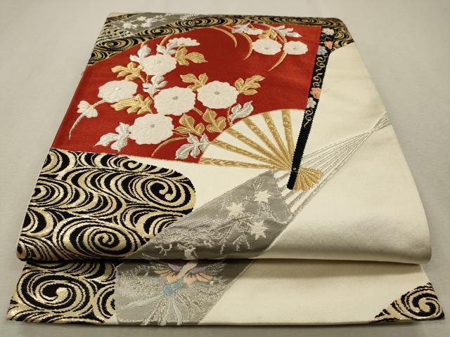 平和屋着物◎六通柄袋帯 唐織 扇面花鳥文 金銀糸 正絹 逸品 CAAV0106qe