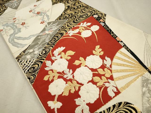 平和屋着物◎六通柄袋帯 唐織 扇面花鳥文 金銀糸 正絹 逸品 CAAV0106qe