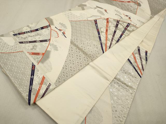 平和屋着物◎六通柄袋帯 唐織 飛鶴花文 銀糸 正絹 逸品 CAAV0107qe