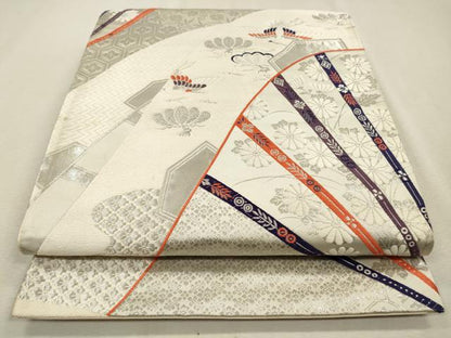 平和屋着物◎六通柄袋帯 唐織 飛鶴花文 銀糸 正絹 逸品 CAAV0107qe