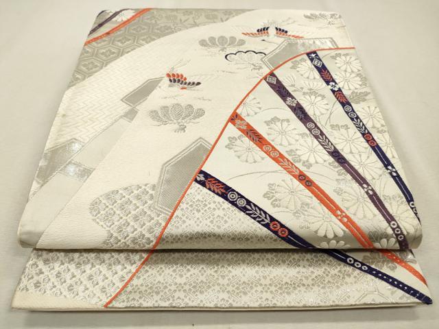 平和屋着物◎六通柄袋帯 唐織 飛鶴花文 銀糸 正絹 逸品 CAAV0107qe