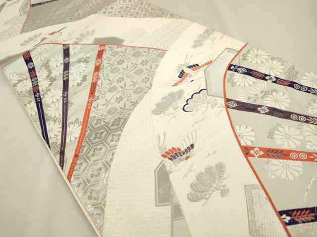 平和屋着物◎六通柄袋帯 唐織 飛鶴花文 銀糸 正絹 逸品 CAAV0107qe