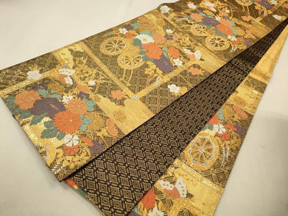 平和屋着物◎佐賀錦　六通柄袋帯　唐織　花蝶文　黒地　金銀糸　正絹　逸品　CAAV0135qe