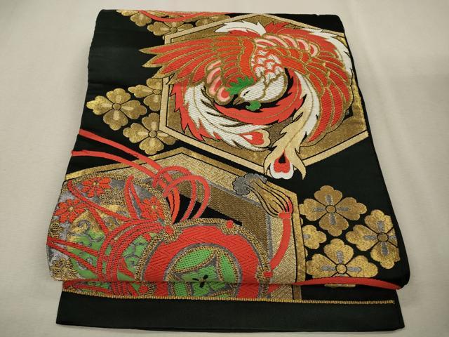 平和屋着物◎六通柄 京袋帯 唐織 鳳凰亀甲花文 黒地 金銀糸 CAAV0148qe