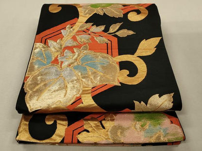 平和屋着物◎六通柄 京袋帯 亀甲桐文 黒地 金糸 正絹 逸品 CAAV0160qe