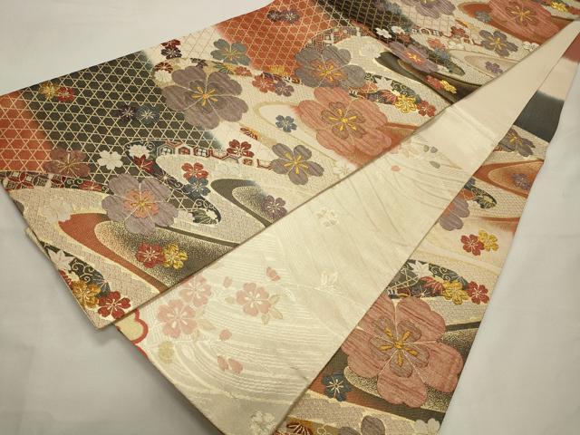 平和屋着物◎六通柄袋帯 流水花文 金糸 正絹 逸品 CAAV0176qe