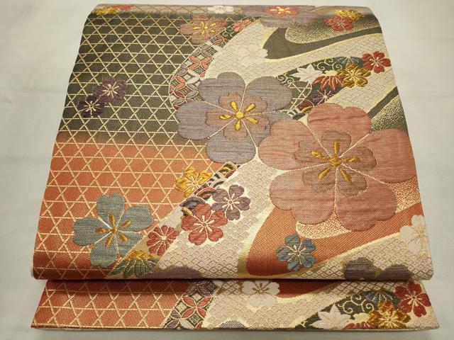 平和屋着物◎六通柄袋帯 流水花文 金糸 正絹 逸品 CAAV0176qe