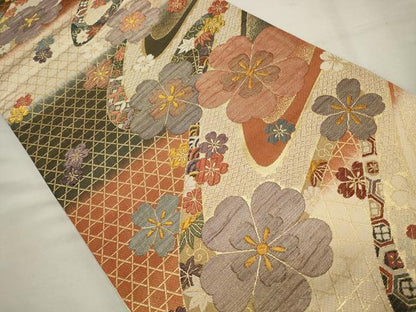 平和屋着物◎六通柄袋帯 流水花文 金糸 正絹 逸品 CAAV0176qe
