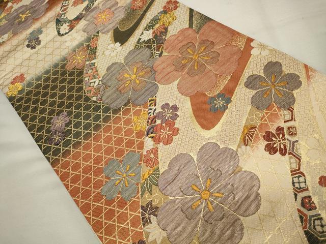 平和屋着物◎六通柄袋帯 流水花文 金糸 正絹 逸品 CAAV0176qe
