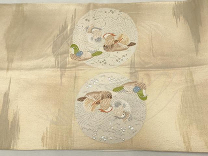 平和屋着物◎六通柄袋帯　流水鴛鴦花文　銀糸　正絹　逸品　CAAV0195qe