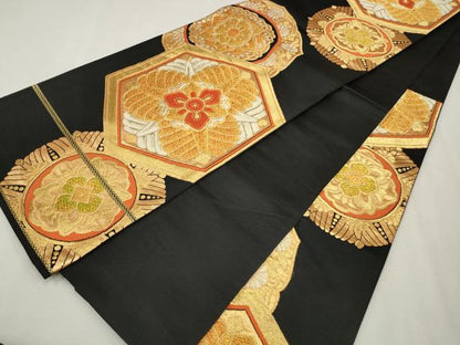 平和屋着物◎六通柄袋帯 唐織 亀甲花文 黒地 金銀糸 正絹 逸品 CAAV0200qe