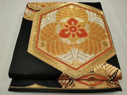 平和屋着物◎六通柄袋帯 唐織 亀甲花文 黒地 金銀糸 正絹 逸品 CAAV0200qe