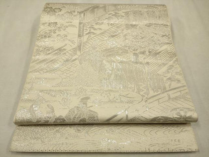 平和屋着物◎六通柄　本袋帯　人物風景文　プラチナ箔　正絹　逸品　CAAV0206qe