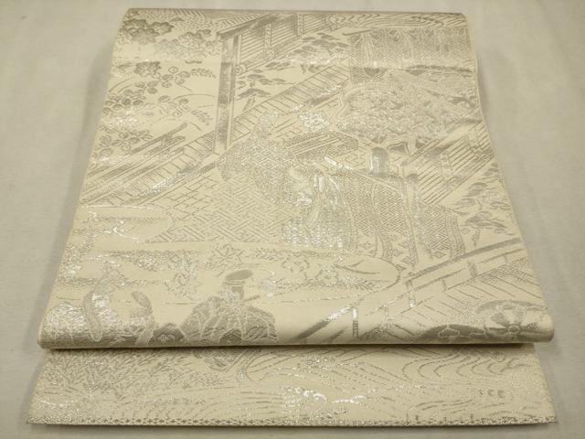 平和屋着物◎六通柄　本袋帯　人物風景文　プラチナ箔　正絹　逸品　CAAV0206qe