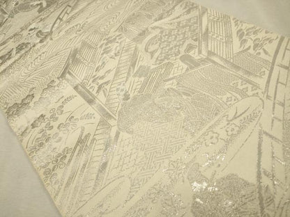 平和屋着物◎六通柄　本袋帯　人物風景文　プラチナ箔　正絹　逸品　CAAV0206qe