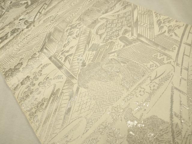 平和屋着物◎六通柄　本袋帯　人物風景文　プラチナ箔　正絹　逸品　CAAV0206qe
