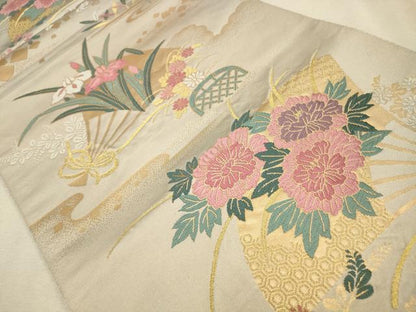 平和屋着物◎六通柄袋帯　唐織　流水花文　金糸　正絹　逸品　CAAV0208qe
