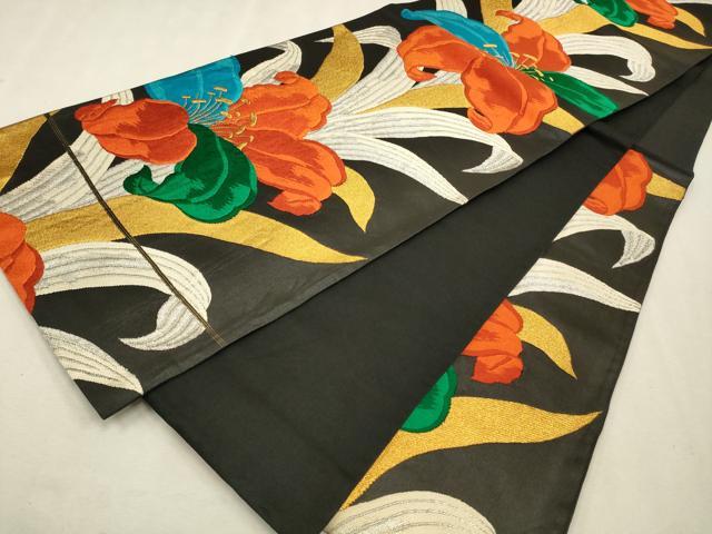 平和屋着物◎六通柄袋帯　唐織　カトレア　黒地　金銀糸　正絹　逸品　CAAV0216qe
