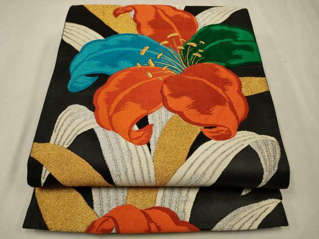 平和屋着物◎六通柄袋帯　唐織　カトレア　黒地　金銀糸　正絹　逸品　CAAV0216qe