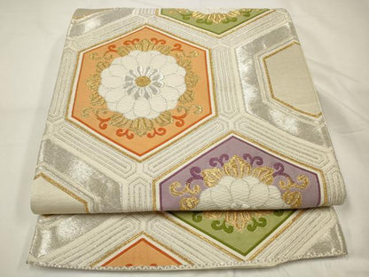 平和屋着物◎六通柄袋帯　唐織　亀甲花文　金銀糸　正絹　逸品　CAAV0217qe