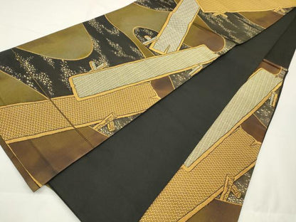 平和屋着物◎六通柄袋帯　幾何学文　黒地　金糸　正絹　逸品　CAAV0219qe